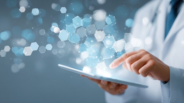 A doctor in a lab coat interacts with a tablet displaying glowing, hexagonal molecular structures