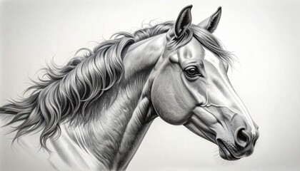 Obraz premium Detailed pencil sketch of a horse’s head, focusing on lifelike textures — mane, eyes, and muscle definition. Monochrome shading with fine graphite strokes, classic realism style on white paper.