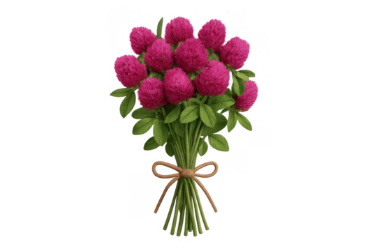 Bouquet of fluffy pink clover flowers with green leaves tied with a bow, symbolizing love, gift, and nature