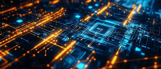 Digital circuit board with glowing connections.