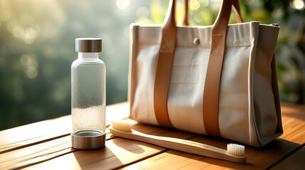 Eco-Friendly Lifestyle Flat-Lay with Reusable Bottle and Bamboo Toothbrush