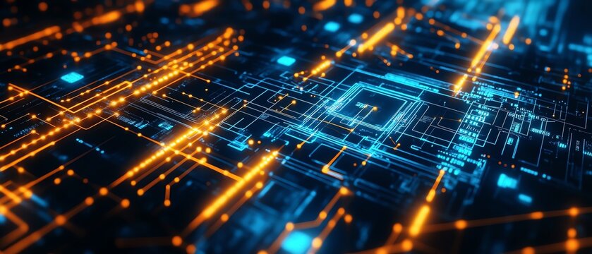 Digital circuit board with glowing connections.