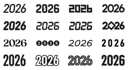 Happy New Year 2026 number design template labels logo for diaries, notebooks, calendars shape set collection pack black icon silhouette vector flat illustration design on white background