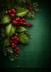 Beautiful Christmas background featuring holly leaves, red berries, and shining stars on a green backdrop. Perfect decorative vector design for holiday posters or greeting cards.
