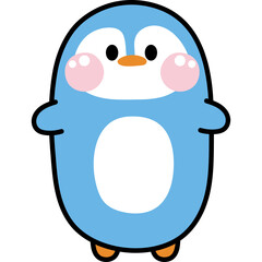 Cute blue cartoon penguin with pink cheeks and orange beak isolated on white background with black outline and transparent background