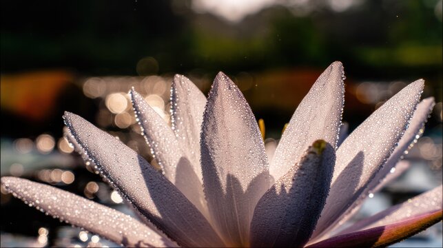 Morning dew glistening on blooming water lilies as soft mist rises from a tranquil pond.