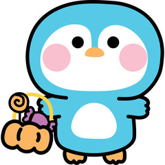 Cute Blue Penguin Character With Halloween Pumpkin Candy Bucket And Swirl Lollipop On A Transparent Background With Soft Pink Cheeks And Black Eyes