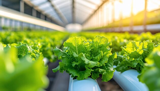 Fresh Hydroponic Lettuce Growing in Greenhouse with Sustainable Farming Concept.