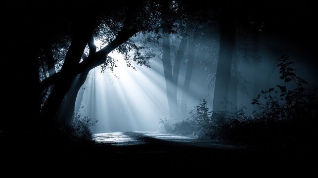 A misty forest path at night with moonlight filtering through silhouetted trees and atmospheric fog. travel magazines, destination branding, designed for travel destination branding.