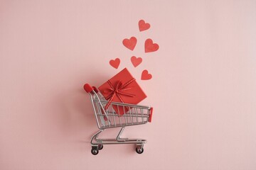 Valentines day gift shopping cart heart love present red romance sale promotion retail shopping