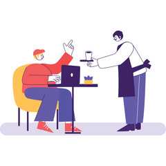 Customer Gesturing at Table While Server Brings Drink on Tray Flat Illustration Style on Transparent Background