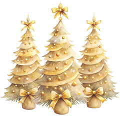 three watercolor Christmas trees decorated with golden ornaments and topped clipart white background 