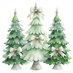 three watercolor Christmas trees decorated with golden ornaments and topped clipart white background 