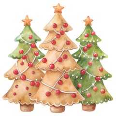 three watercolor Christmas trees decorated with golden ornaments and topped clipart white background 