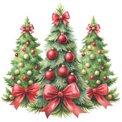 three watercolor Christmas trees decorated with golden ornaments and topped clipart white background 