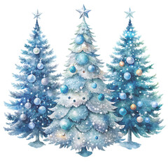 three watercolor Christmas trees decorated with golden ornaments and topped clipart white background 