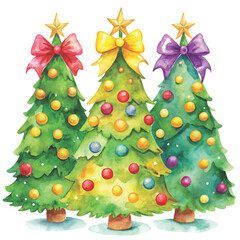three watercolor Christmas trees decorated with golden ornaments and topped clipart white background 