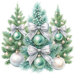 three watercolor Christmas trees decorated with golden ornaments and topped clipart white background 