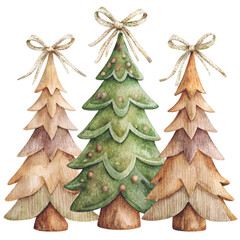 three watercolor Christmas trees decorated with golden ornaments and topped clipart white background 
