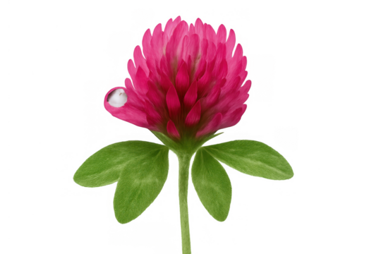 Red clover bloom featuring delicate petals and a water droplet, highlighting purity and natural growth, isolated for versatile design