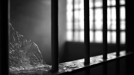 Shattered pane with soft-focus prison bar shadows symbolizing emotional restraint and inner struggle.