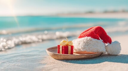 Festive christmas santa hat and gift box resting on a wooden tray at a tropical beach with ocean waves