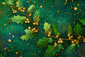 Beautiful Christmas background featuring holly leaves, red berries, and shining stars on a green backdrop. Perfect decorative vector design for holiday posters or greeting cards.