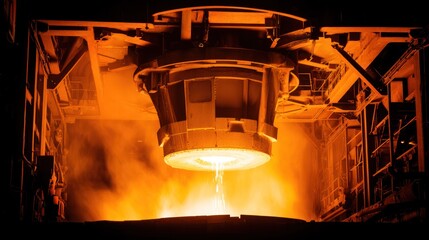 Molten iron flowing from a steel furnace, glowing against dark industrial interior. safety posters, maintenance manuals, designed for precision metalworking and fabrication facilities.