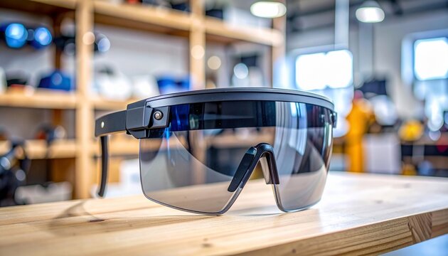Futuristic ARVR Glasses on Wooden Table with Tech Innovation, and Studio Background.