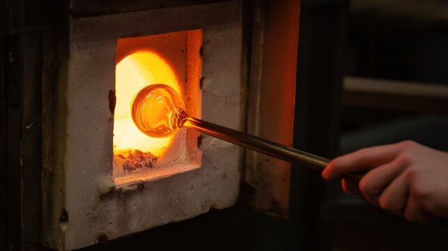 The glass blowing machine uses a blowing tube in the workshop to blow molten glass and produce a furnace glow. 