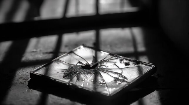 A broken glass window, with a blurry shadow of the prison behind it. Health guides and counseling materials designed specifically for mental health education and mindfulness programs.
