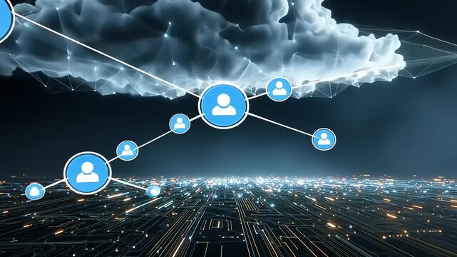Futuristic digital landscape showcasing interconnected user profiles against a cloud backdrop