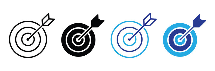 Business strategy and success: target with arrow hitting bullseye icon set, vector graphic isolated on white background