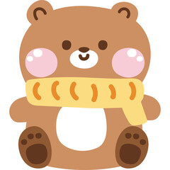 Cute brown teddy bear wearing a yellow scarf with pink cheeks and a white belly illustration on a transparent background