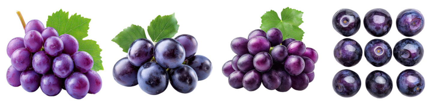 Purple grapes fresh isolated on white background.  Collection Set Png.