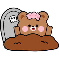Cute Brown Bear Character Emerging From Ground With Tombstone In Background On Transparent Background