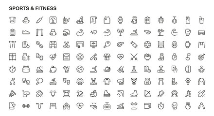 Sports and Fitness Professional Line Icon Set. Modern outline vector illustrations representing training, strength, wellness, and athletic performance.