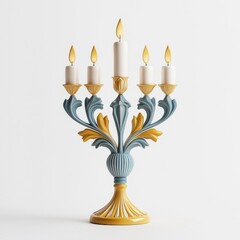 Surreal depiction of a Hanukkah menorah, isolated on a white background, merging fantasy and reality.