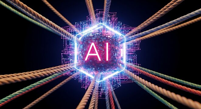 AI network with glowing hexagon - Powered by Adobe