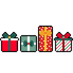 Christmas gift boxes, set of Christmas gifts pixel art style, gift boxes icon