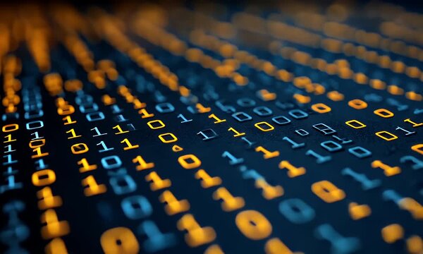 Close up of the binary code on an electronic circuit board with subtle lighting and a dark background highlighting the intricate details of the technology
