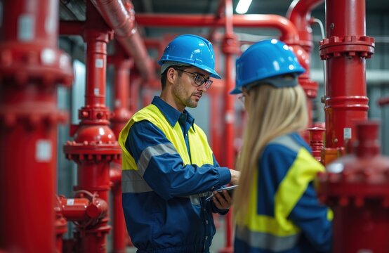 Engineers check fire pump system. Workers in hard hats inspect red pipes and valves. They review data on tablet computer. Safety protocols maintained in industrial facility.