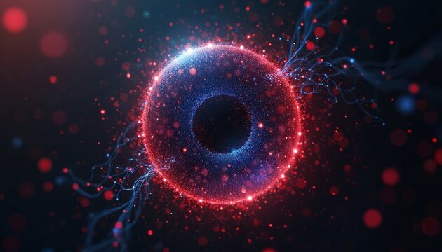 Abstract tech sphere glows with many red particles, blue light connections. Data lines stream around digital core. Represents futuristic information, science, quantum computing, neural networks, AI