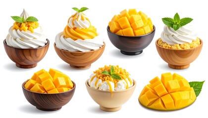Assortment of desserts featuring creamy swirls, fresh mango chunks, and mint sprigs in wooden bowls, on a plain white background