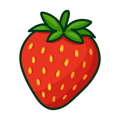 Fototapeta premium Cute strawberry cartoon illustration, fresh red fruit with green leaves isolated on white background, adorable flat vector design perfect for stickers, logos, icons, and packaging.