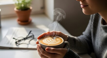 Woman holding a cup of coffee with latte art enjoying the aroma in a cafe close-up