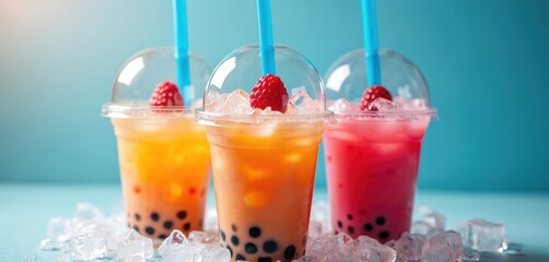 Three colorful bubble tea drinks with raspberries sit on ice cubes against blue background. Transparent plastic cups feature blue straws, dark tapioca pearls. Refreshing beverages offer sweet, fruity