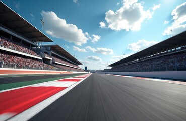 Naklejka premium Race track viewpoint with filled stands under blue sky with white clouds. Motorsport event awaits drivers and fans. Competitors start race fast lap on asphalt.