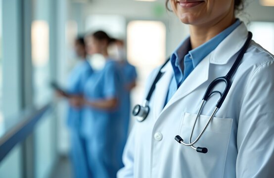 Doctor in white coat smiles warmly, stethoscope prominent. Blurred medical staff behind convey busy hospital environment. Focus on professionalism, care. Suitable for healthcare marketing wellness