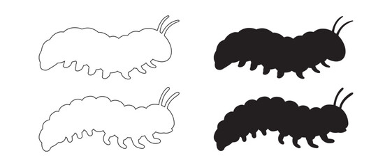 Caterpillar outline and silhouette graphic elements for design.
